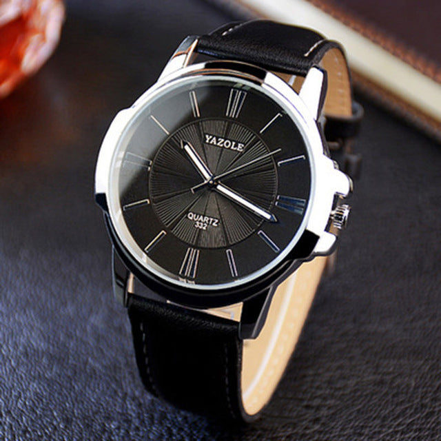 FREE PLUS SHIPPING OFFER-YAZOLE Mens Luxury Blue Glass Leather Band Waterproof Watch