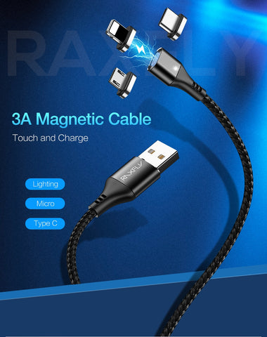 RAXFLY 3A USB Magnetic Fast Charging Cable 3in1-Micro/Type C/Lightning