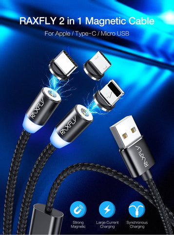 RAXFLY USB  Fast Charging Magnetic 2 In 1 Cable For-Micro/TYPE C/Lightning
