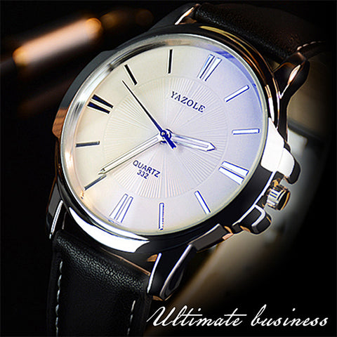 YAZOLE Mens Luxury Blue Glass Leather Band Waterproof Watch